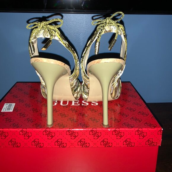 Guess Elegant 2 Yellow Multi Peep Toe Satin Heel Size 9 - Picture 4 of 6